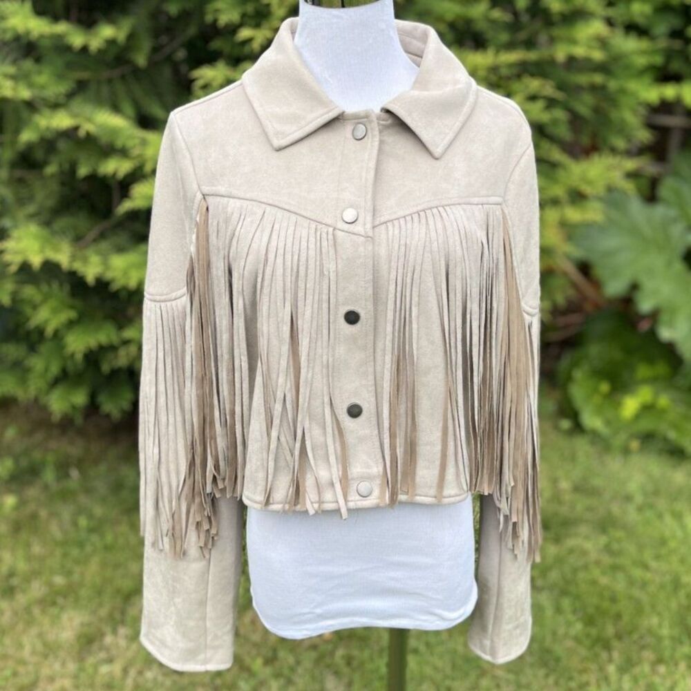 Faded Rose Fringe Cropped Jacket Tan Beige Western Cowgirl Faux Suede Size M NWT
